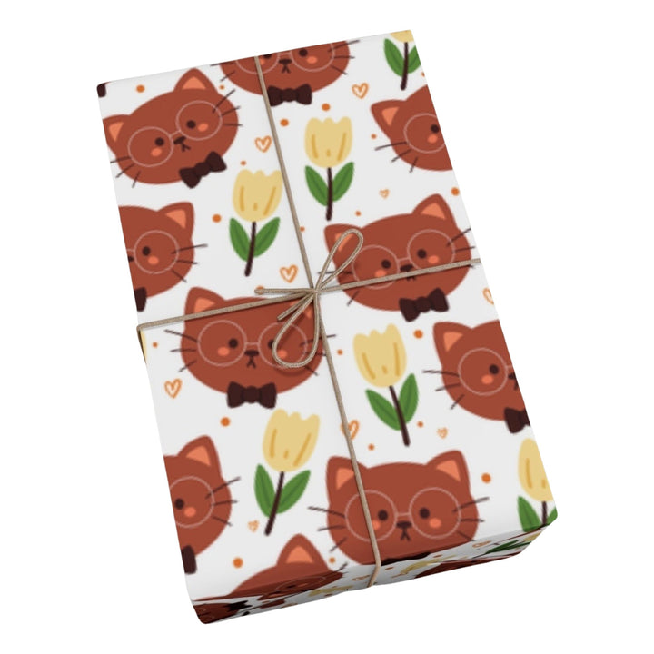 Brown Cat and Tulips Gift Wrap - Happy Little Kitty