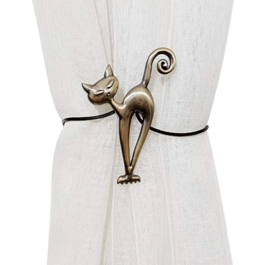 Bronze metal cat curtain hook with playful feline design