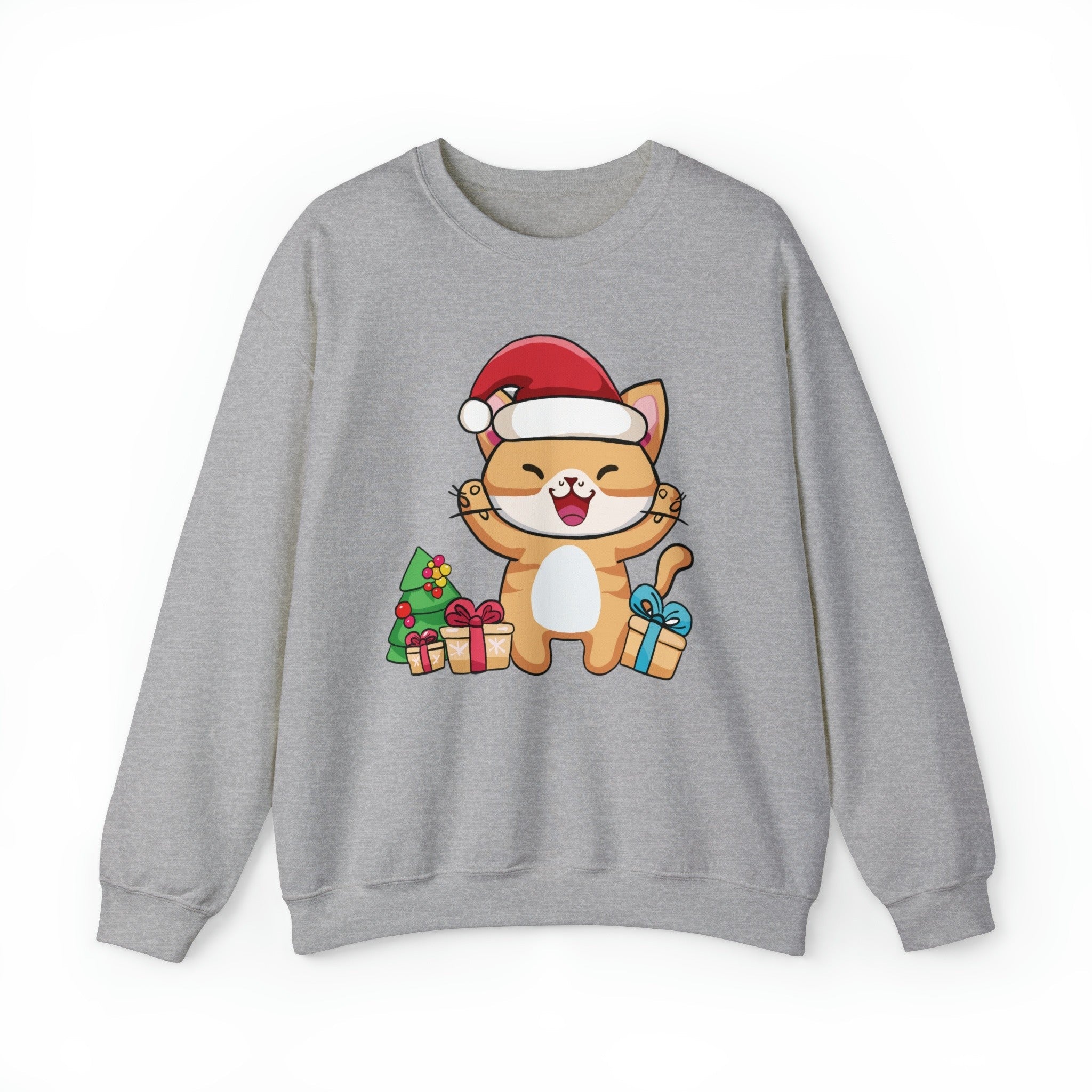 Happy Santa Cat Crewneck Sweatshirt Happy Little Kitty Adult M Sport Grey