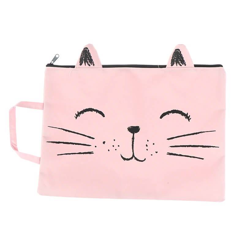 Detail of smiling cat face pattern on durable fabric file organizer