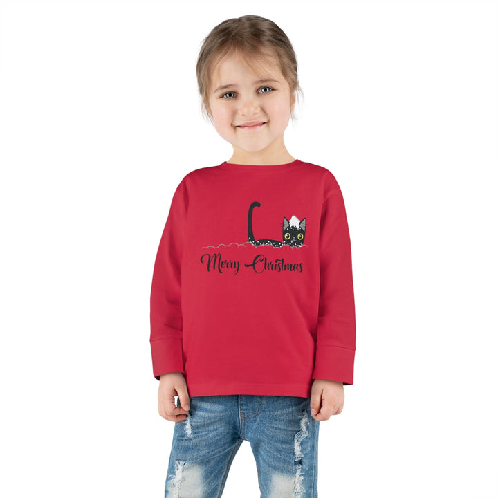 Snowy Christmas Cat Toddler Long Sleeve Tee - Happy Little Kitty