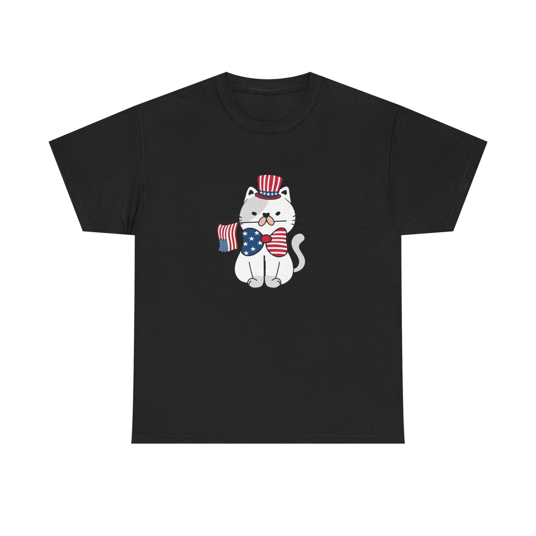 Patriotic Cat Cotton Tee — white cat in Uncle Sam hat holding an American flag, on a black tee