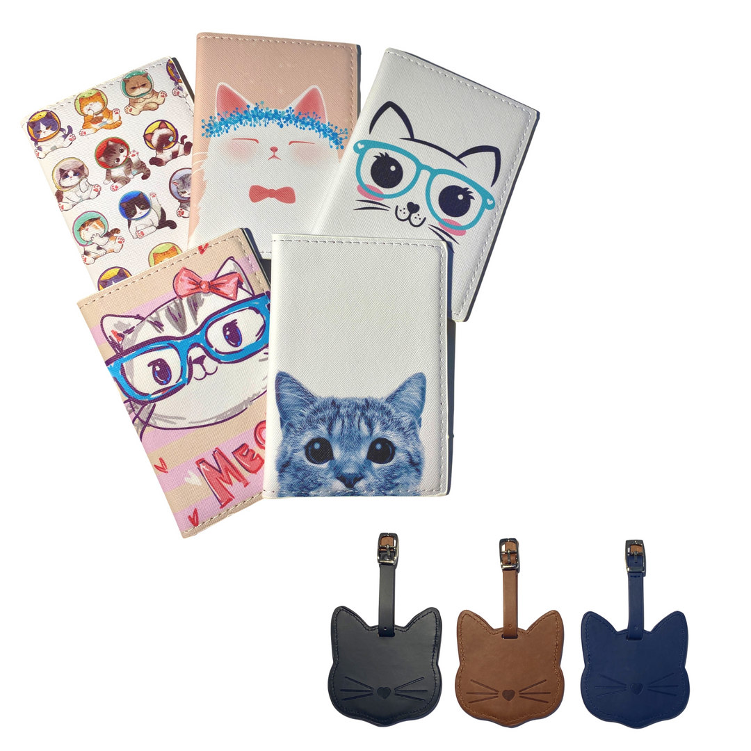 Cat themed travel accessories including passport covers and luggage tags from Happy Little Kitty