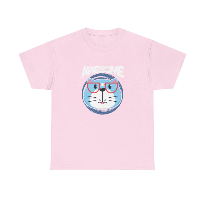 A light pink short-sleeve t-shirt with a graphic of a blue cat wearing red glasses and the word 'AWESOME' printed above it, displayed on a solid  background.