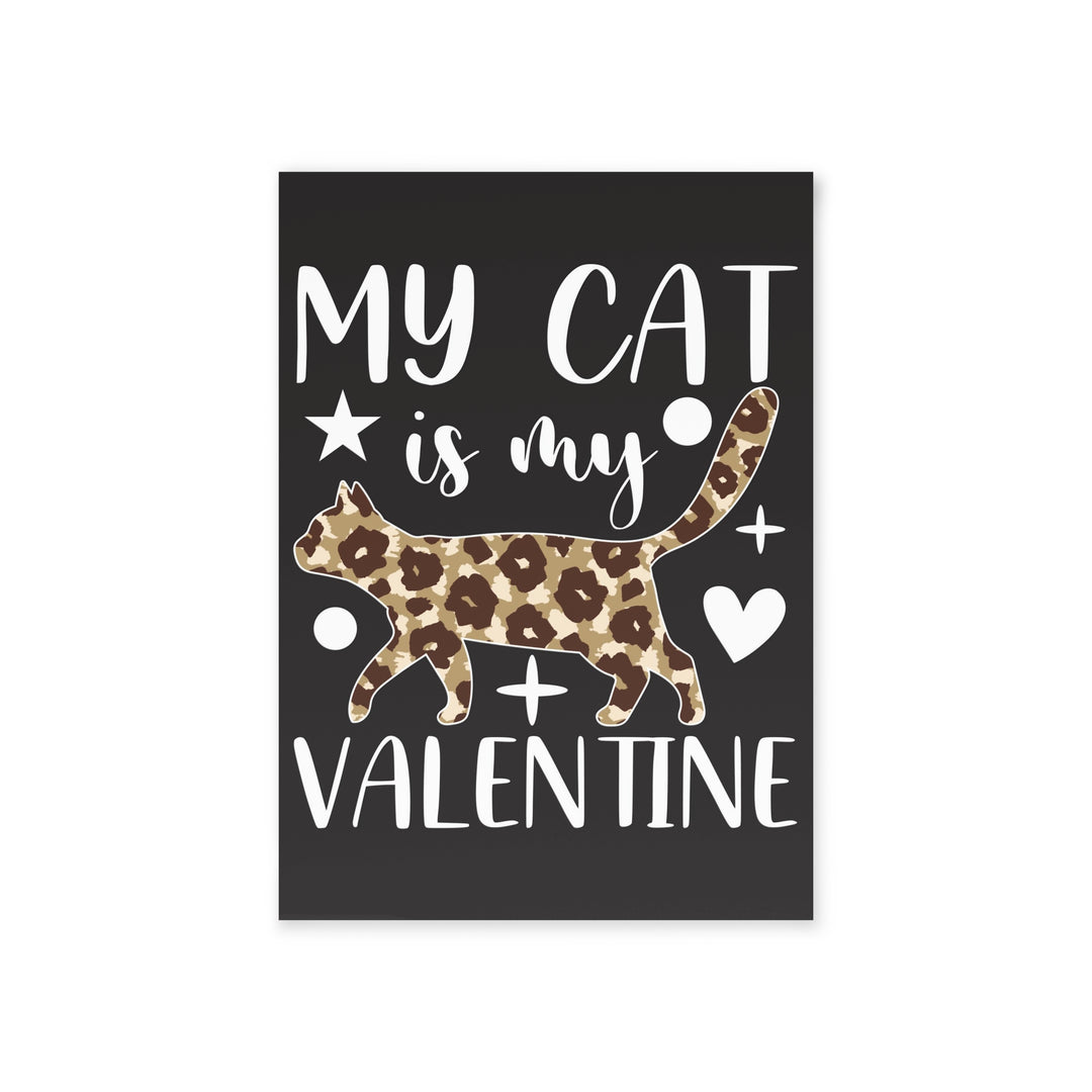 Card with a leopard print cat illustration and text 'My cat is my Valentine' on a black background.