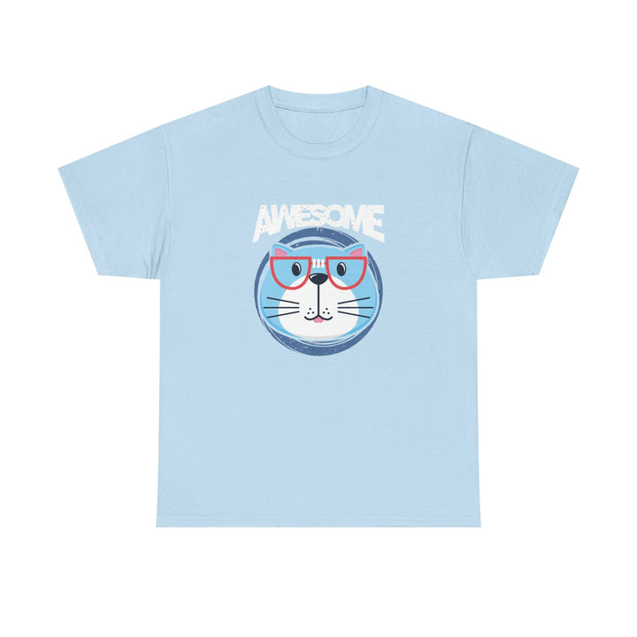 A light blue short-sleeve t-shirt with a graphic of a blue cat wearing red glasses and the word 'AWESOME' printed above it, displayed on a solid background.