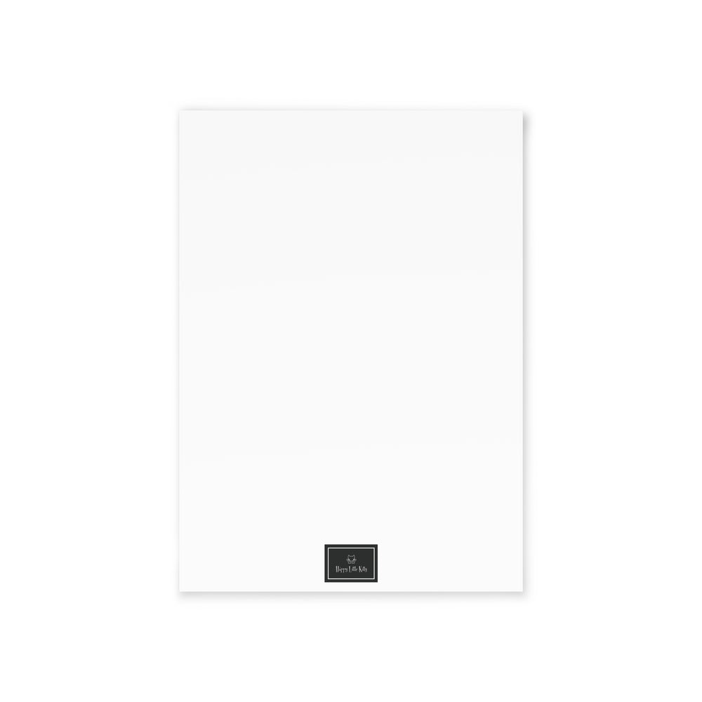 white greeting card back with black Happy Little Kitty logo at bottom center