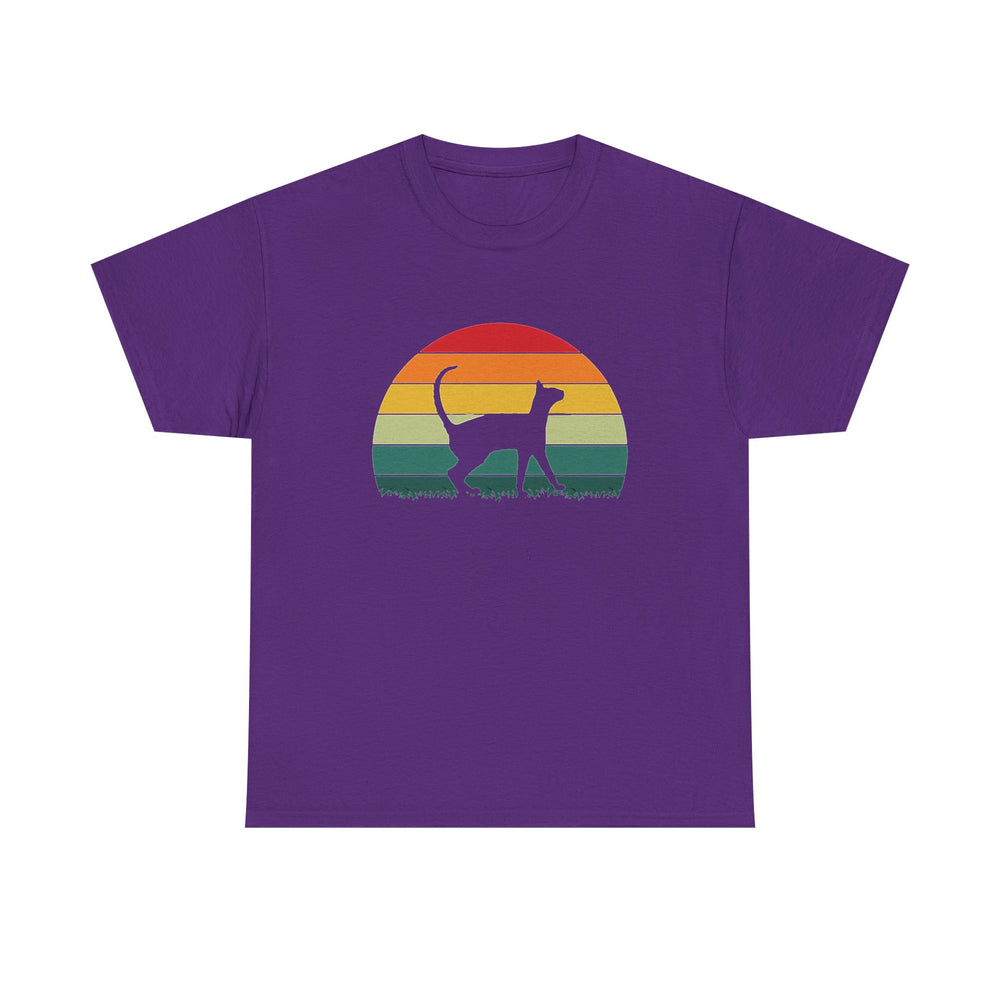 A purple short-sleeve crewneck t-shirt featuring a retro-style graphic of a cat silhouette in front of a sunset with rainbow-colored stripes.