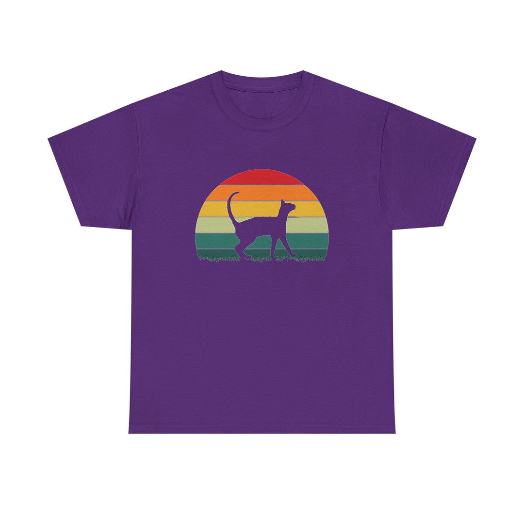 A purple short-sleeve crewneck t-shirt featuring a retro-style graphic of a cat silhouette in front of a sunset with rainbow-colored stripes.