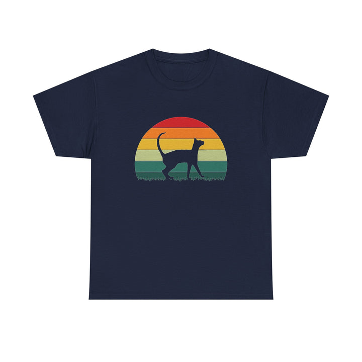 A navy blue short-sleeve crewneck t-shirt featuring a retro-style graphic of a cat silhouette walking in front of a multi-colored sunset gradient.