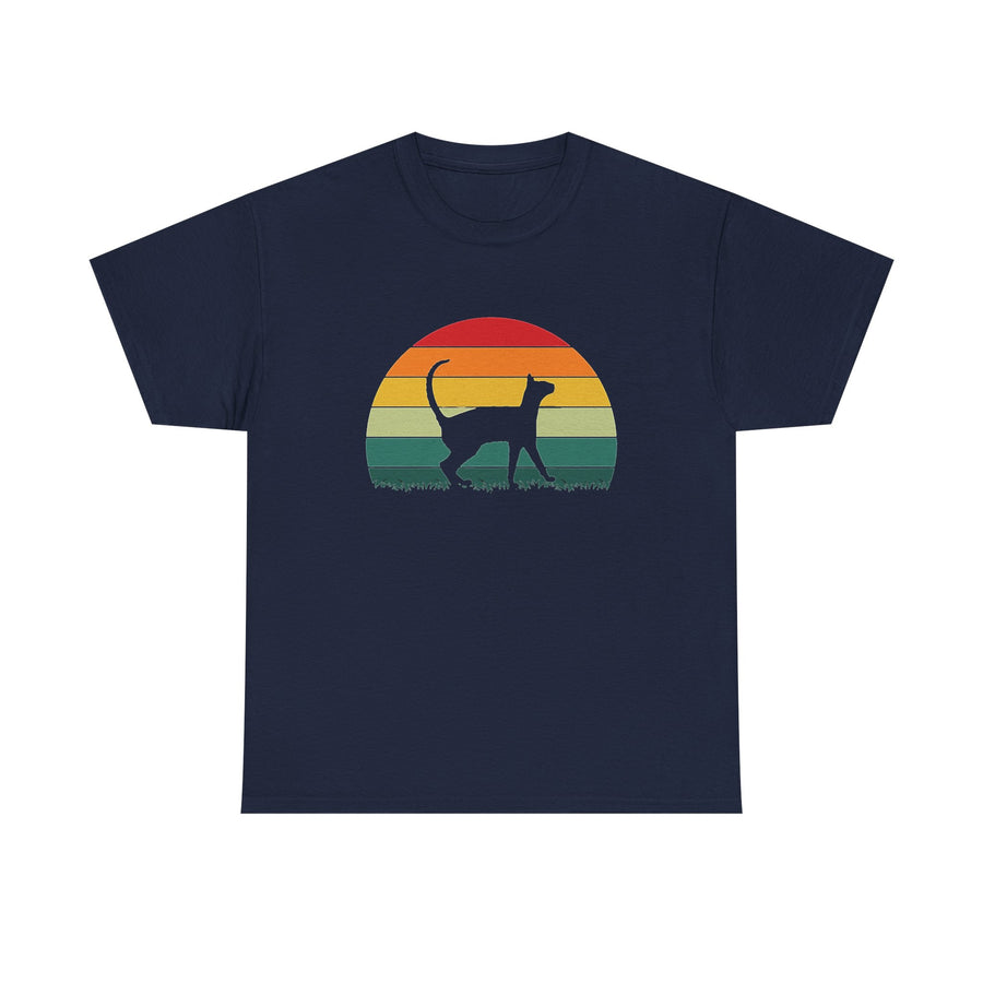 A navy blue short-sleeve crewneck t-shirt featuring a retro-style graphic of a cat silhouette walking in front of a multi-colored sunset gradient.