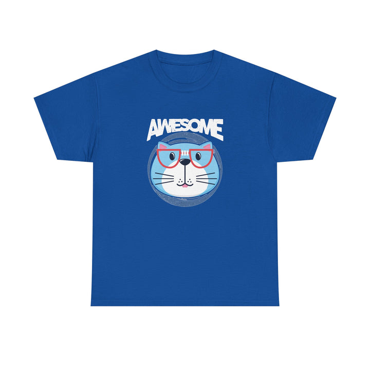 A royal blue short-sleeve t-shirt with a graphic of a cartoon cat wearing red glasses inside a gray circle, with the word 'AWESOME' printed in white above it, shown on a plain background.