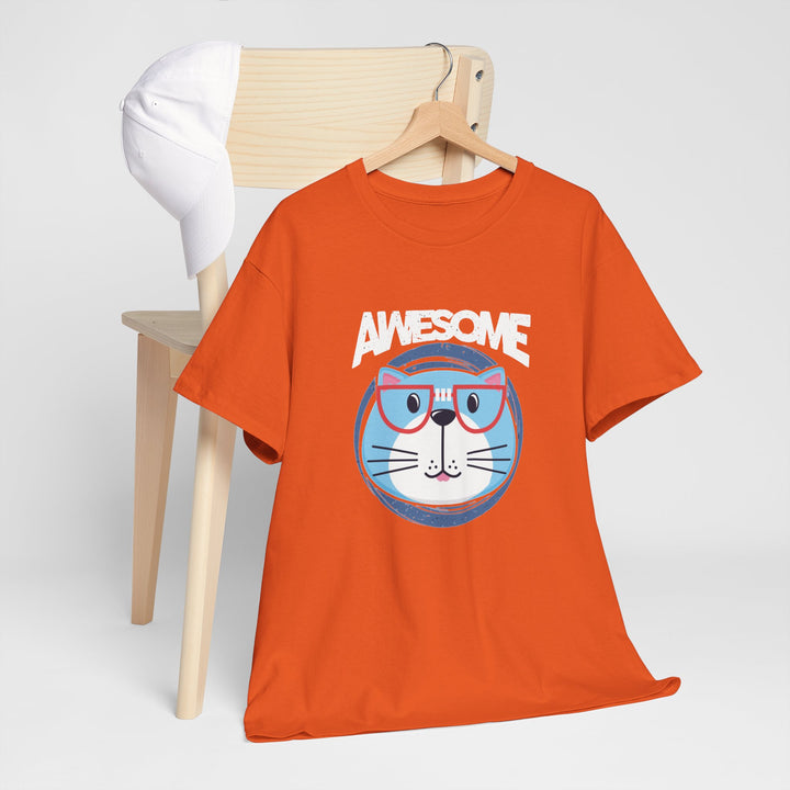 Orange t-shirt with a cat graphic and 'AWESOME' text on a hanger against a white background