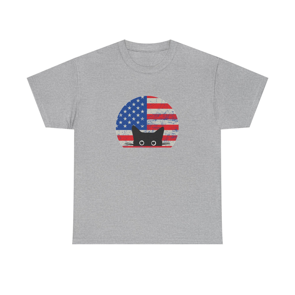 A heather gray short-sleeve crewneck t-shirt featuring a central graphic of a black cat peeking out from a distressed American flag circle.