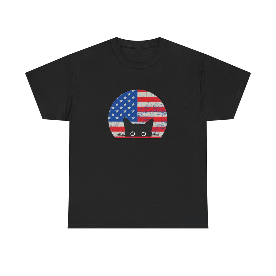 Black t-shirt with an American flag and cat graphic on a white background