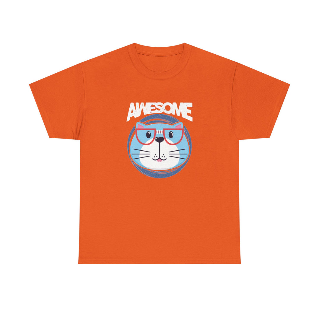 An orange short-sleeve crewneck t-shirt featuring a graphic of a blue cat wearing pink glasses and the word 'AWESOME' printed above it in white.