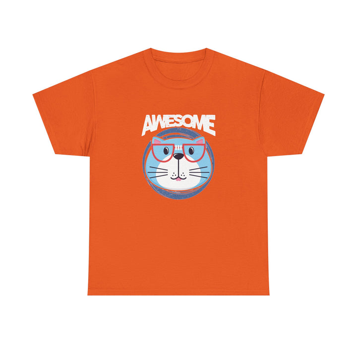 An orange short-sleeve crewneck t-shirt featuring a graphic of a blue cat wearing pink glasses and the word 'AWESOME' printed above it in white.