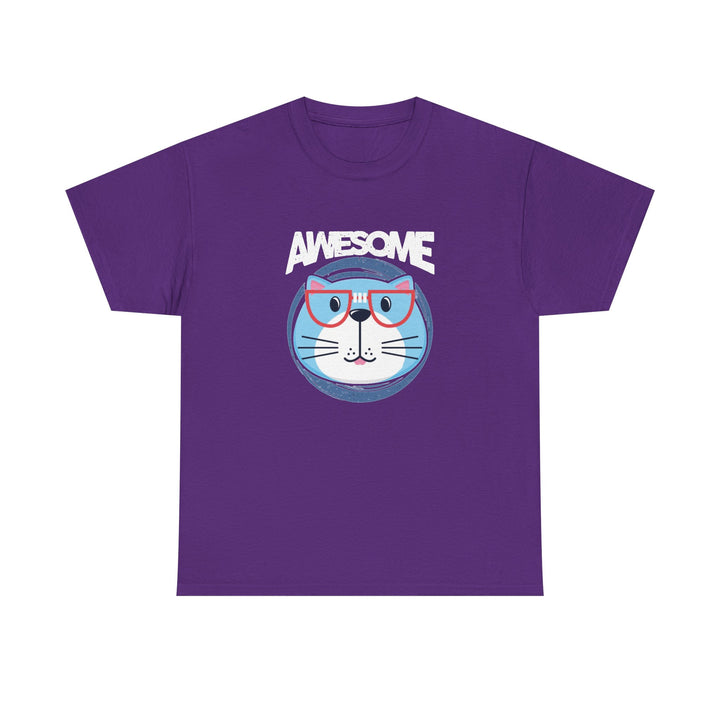 A purple short-sleeve crewneck t-shirt featuring a graphic of a blue cat with glasses and the word 'AWESOME' printed above it, displayed on a solid background.