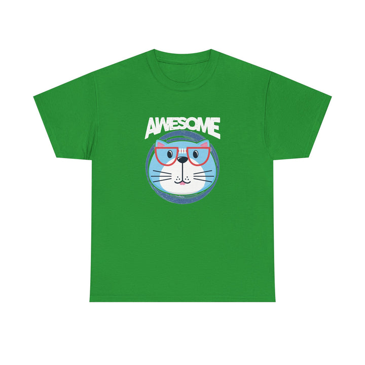 A bright green short-sleeve t-shirt with a graphic of a blue cat wearing pink glasses under the word 'AWESOME' in white, displayed on a solid white background.