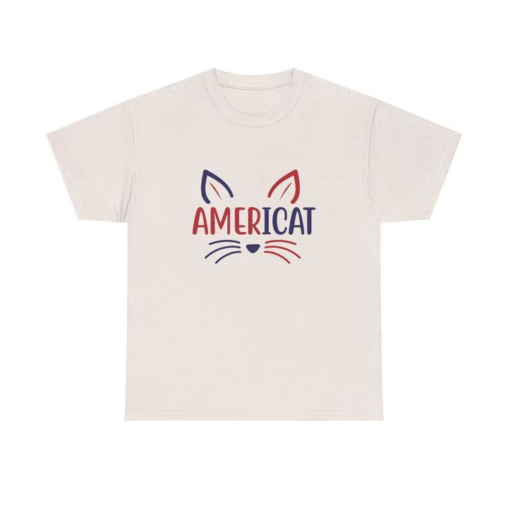 Beige t-shirt with 'AMERICAT' design on a white background