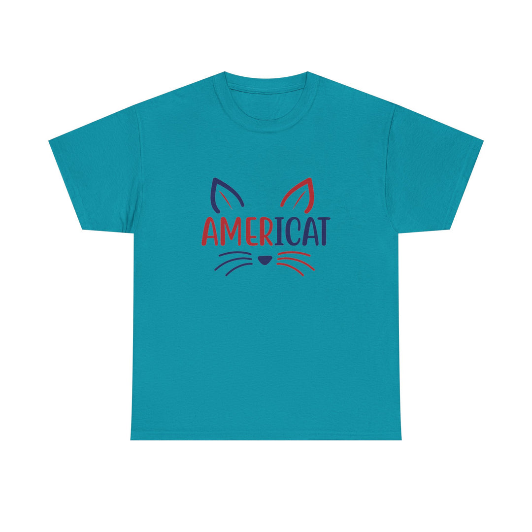 Blue t-shirt with 'AMERICAT' design on a white background