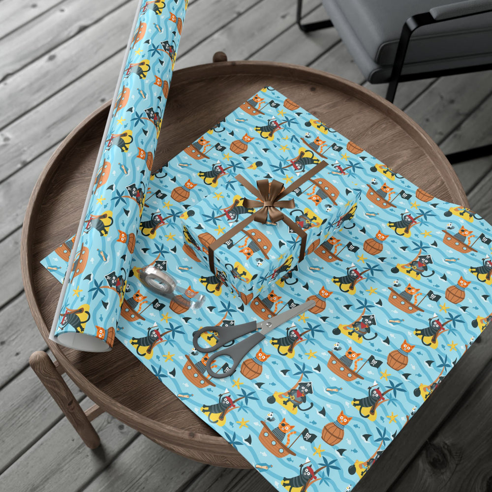Cat Pirate-themed wrapping paper on a wooden surface