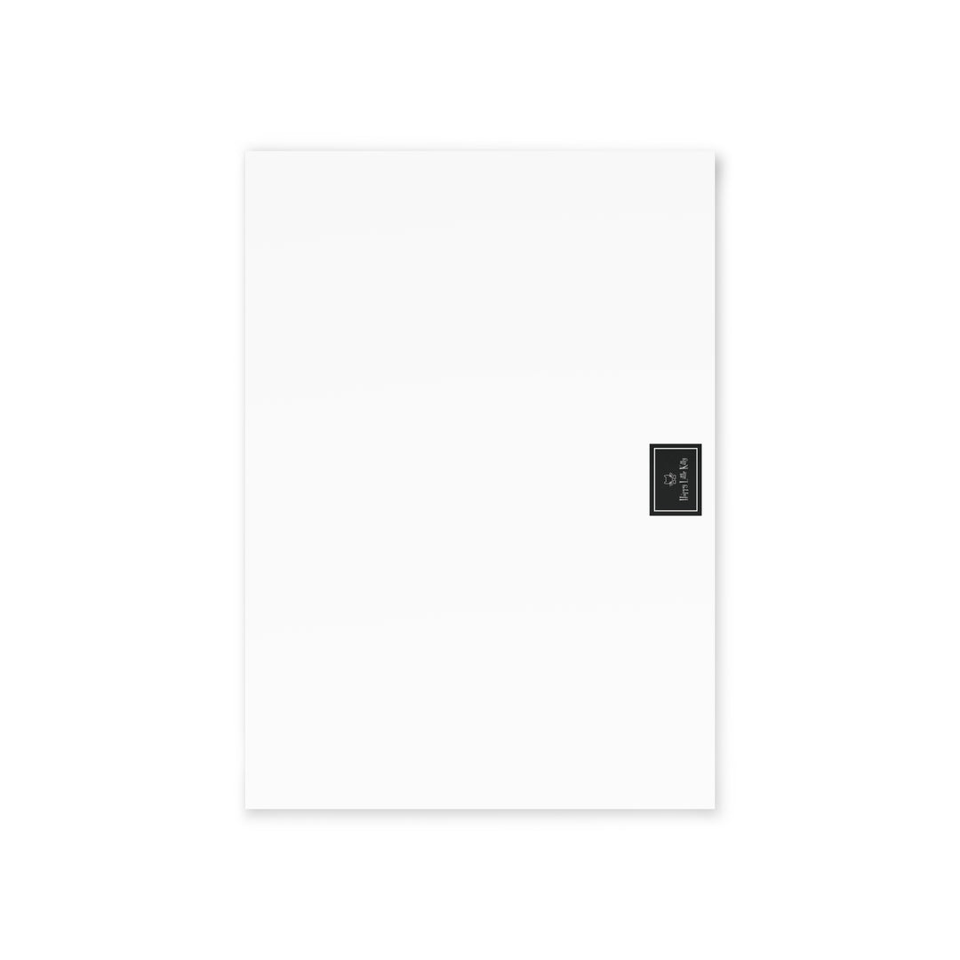 white greeting card back with black Happy Little Kitty logo at bottom center