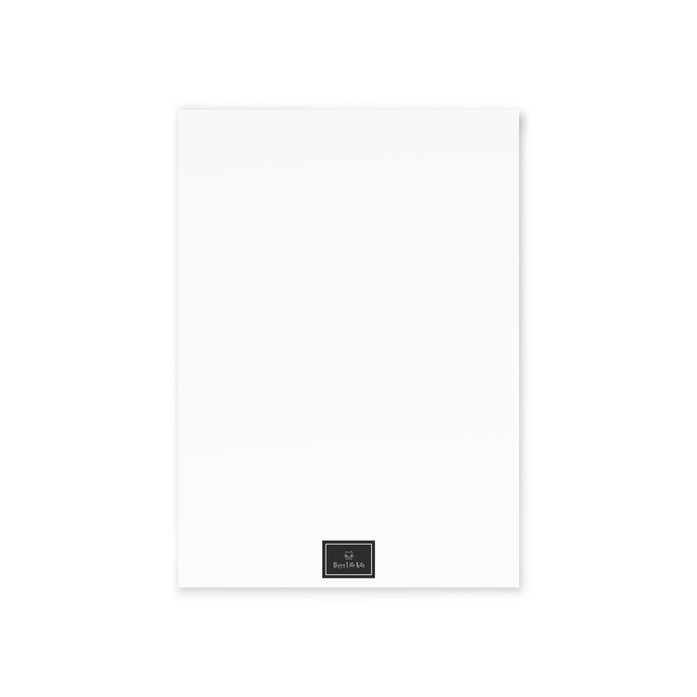 white greeting card back with black Happy Little Kitty logo at bottom center