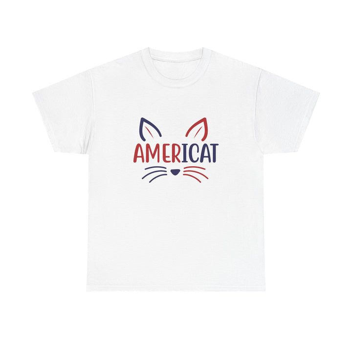 A white short-sleeve crewneck t-shirt featuring a graphic of a cat face and the word 'AMERICAT' in red and navy blue on the chest, displayed against a solid white background.