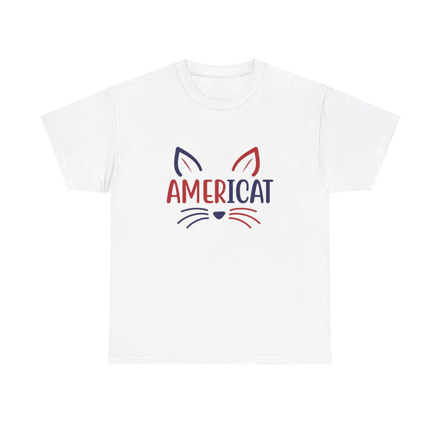 A white short-sleeve crewneck t-shirt featuring a graphic of a cat face and the word 'AMERICAT' in red and navy blue on the chest, displayed against a solid white background.