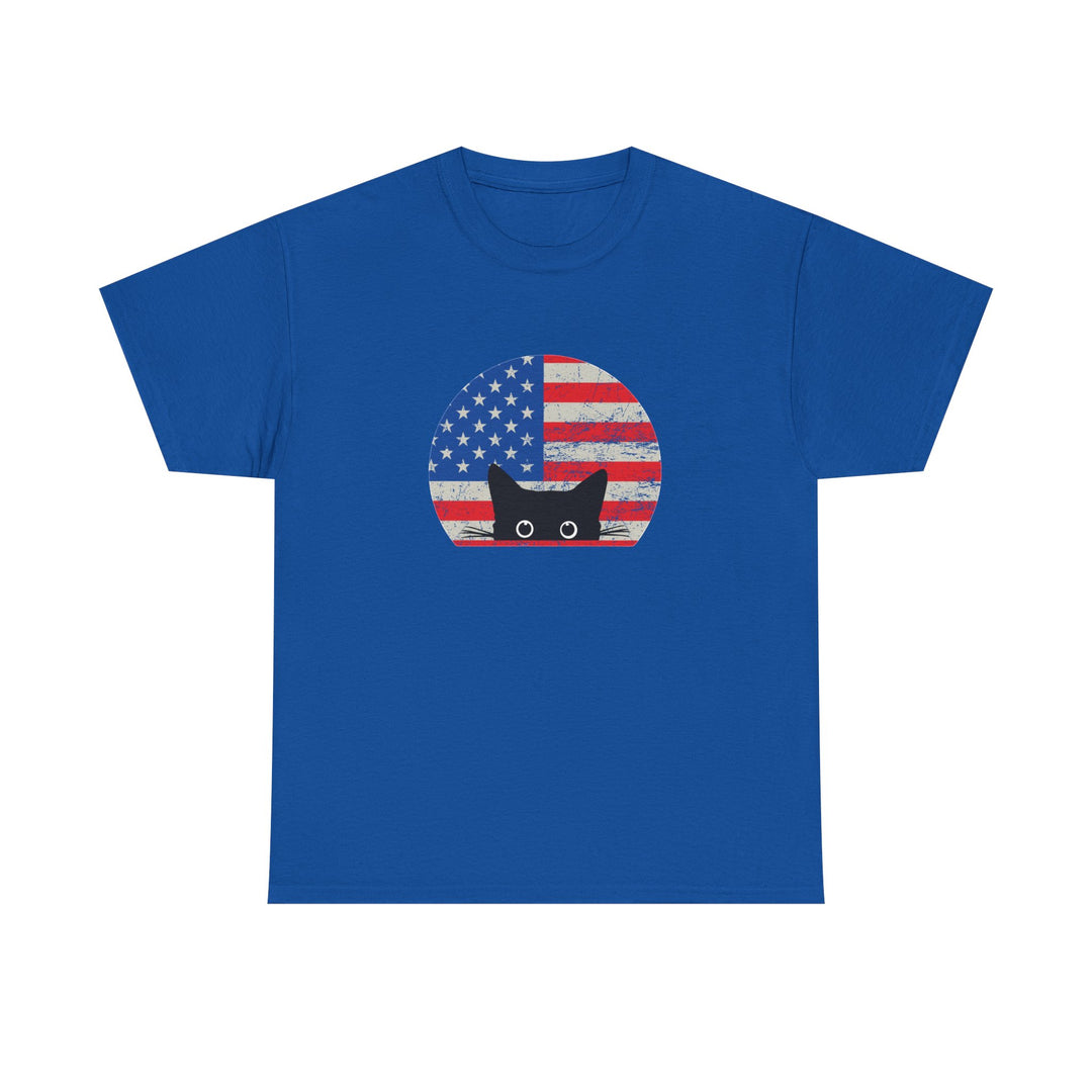 Blue t-shirt with a graphic of an American flag and a cat on a white background