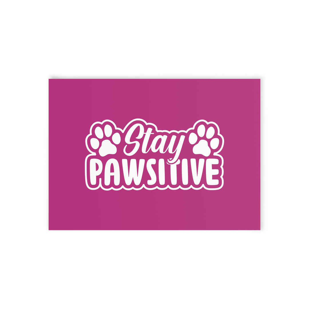Pink background with 'Stay PAWSITIVE' text and paw prints in white.