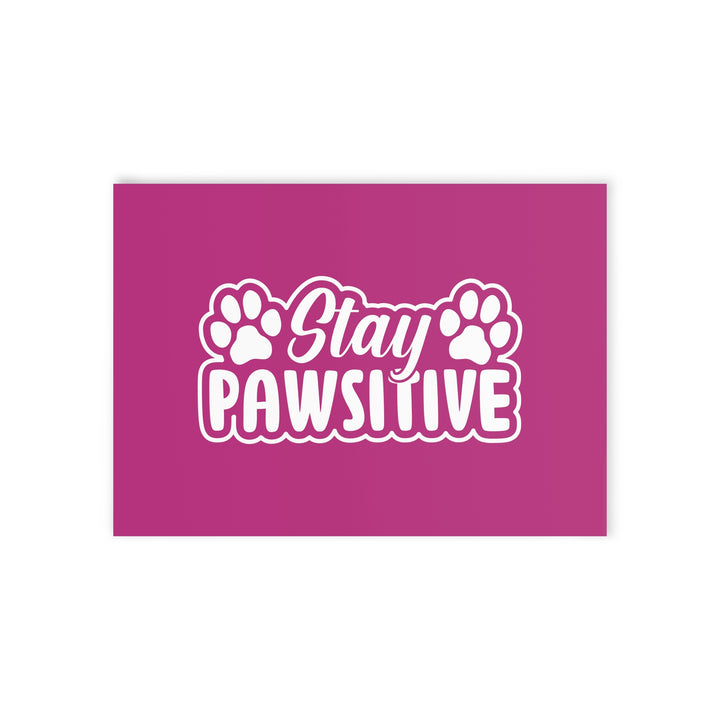 Pink background with 'Stay PAWSITIVE' text and paw prints in white.