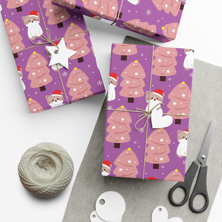 Pink Christmas Tree Cat Gift Wrap