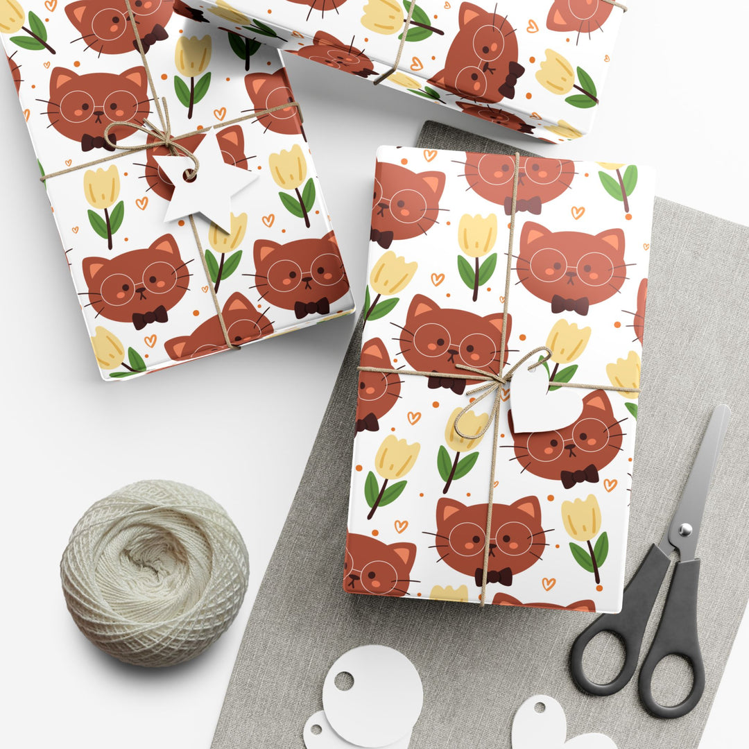 Brown Cat and Tulips Gift Wrap