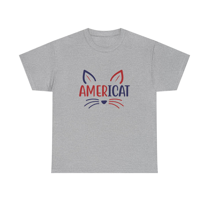 A heather gray short-sleeve t-shirt with a graphic on the chest featuring a stylized cat face and the word 'AMERICAT' in red and navy blue.