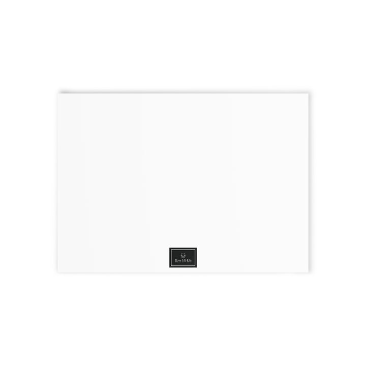 white greeting card back with black Happy Little Kitty logo at bottom center