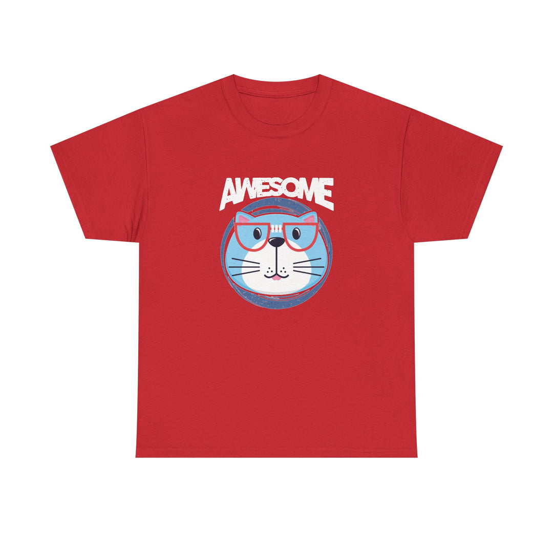 A red short-sleeve crewneck t-shirt featuring a graphic of a blue cat wearing glasses under the word 'AWESOME' in white, displayed on a solid background.