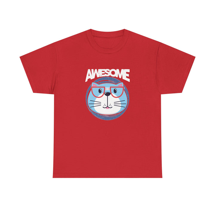 A red short-sleeve crewneck t-shirt featuring a graphic of a blue cat wearing glasses under the word 'AWESOME' in white, displayed on a solid background.