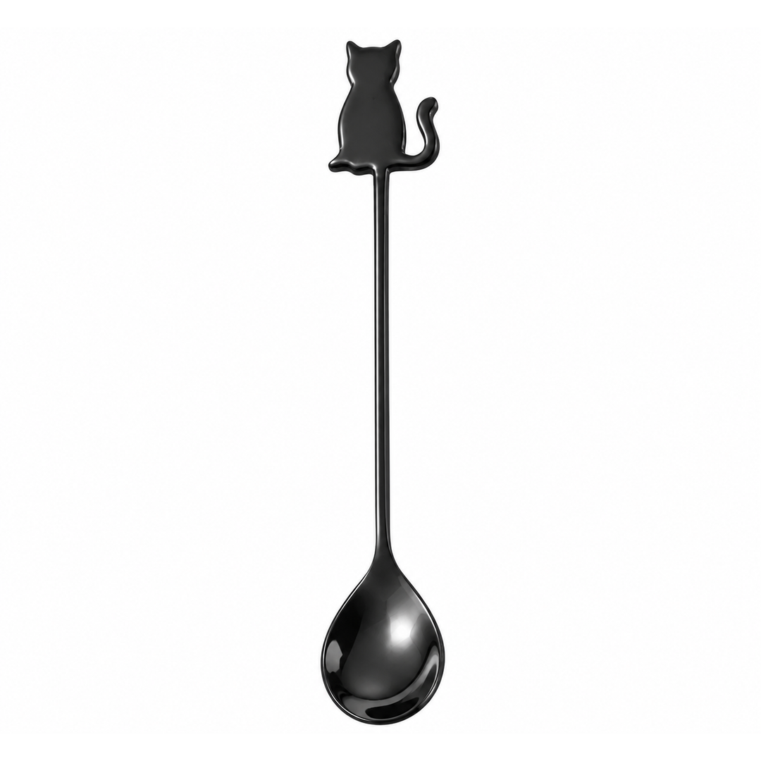 A long-handled black spoon with a glossy finish, featuring a small cat silhouette perched on the handle end, shown against a plain white background.