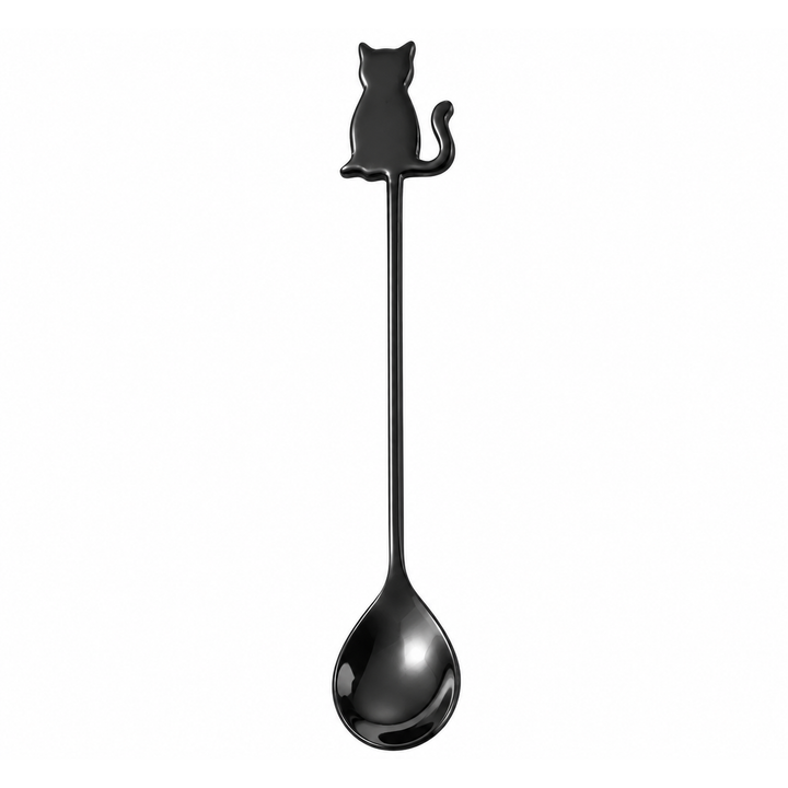 A long-handled black spoon with a glossy finish, featuring a small cat silhouette perched on the handle end, shown against a plain white background.