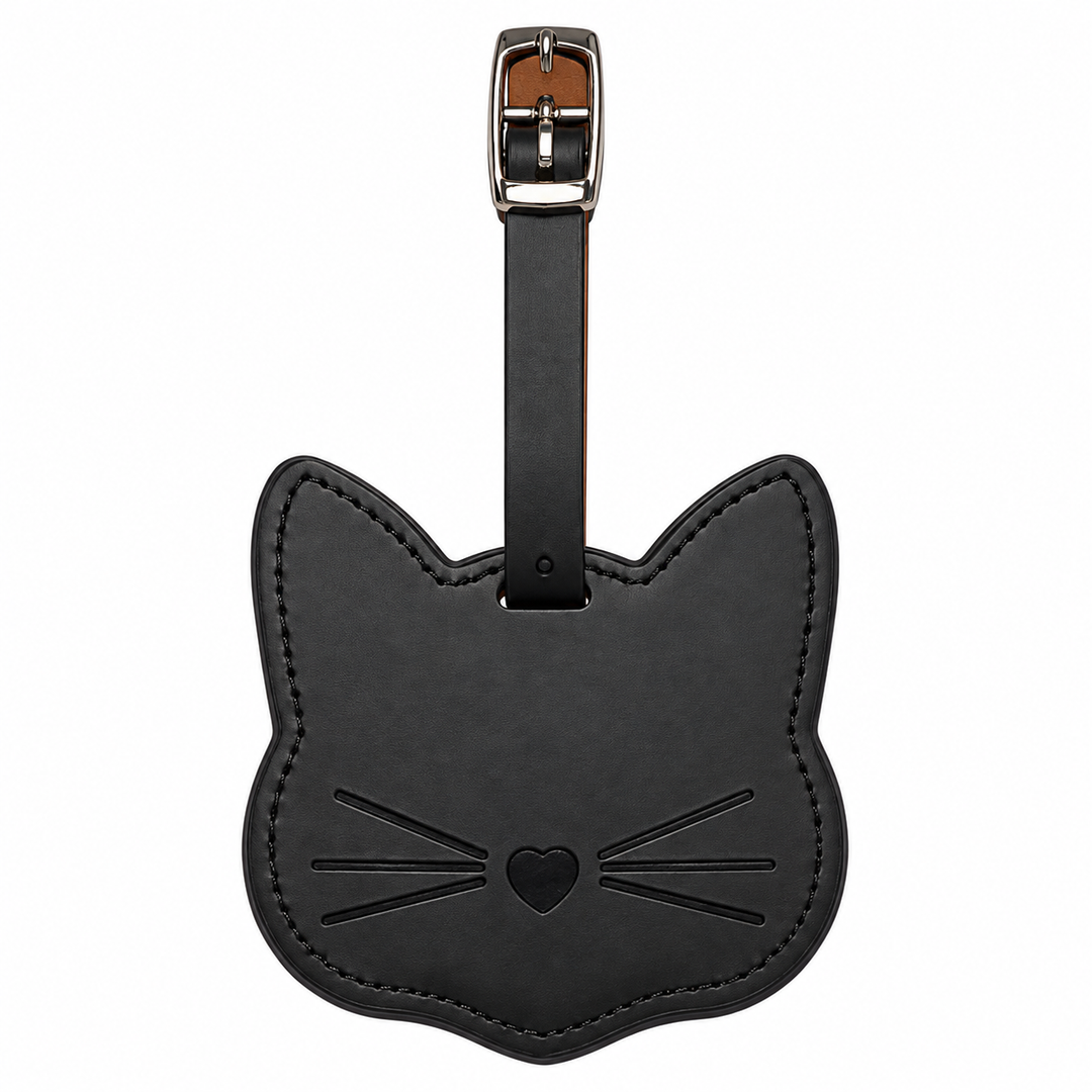A black leather cat-shaped luggage tag with a matching black strap and silver metal buckle, shown on a plain white background.