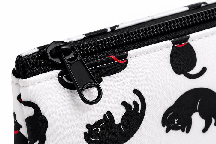 Close-up of a white zipper pouch featuring a black cat silhouette pattern and a black zipper pull, shown on a white background.