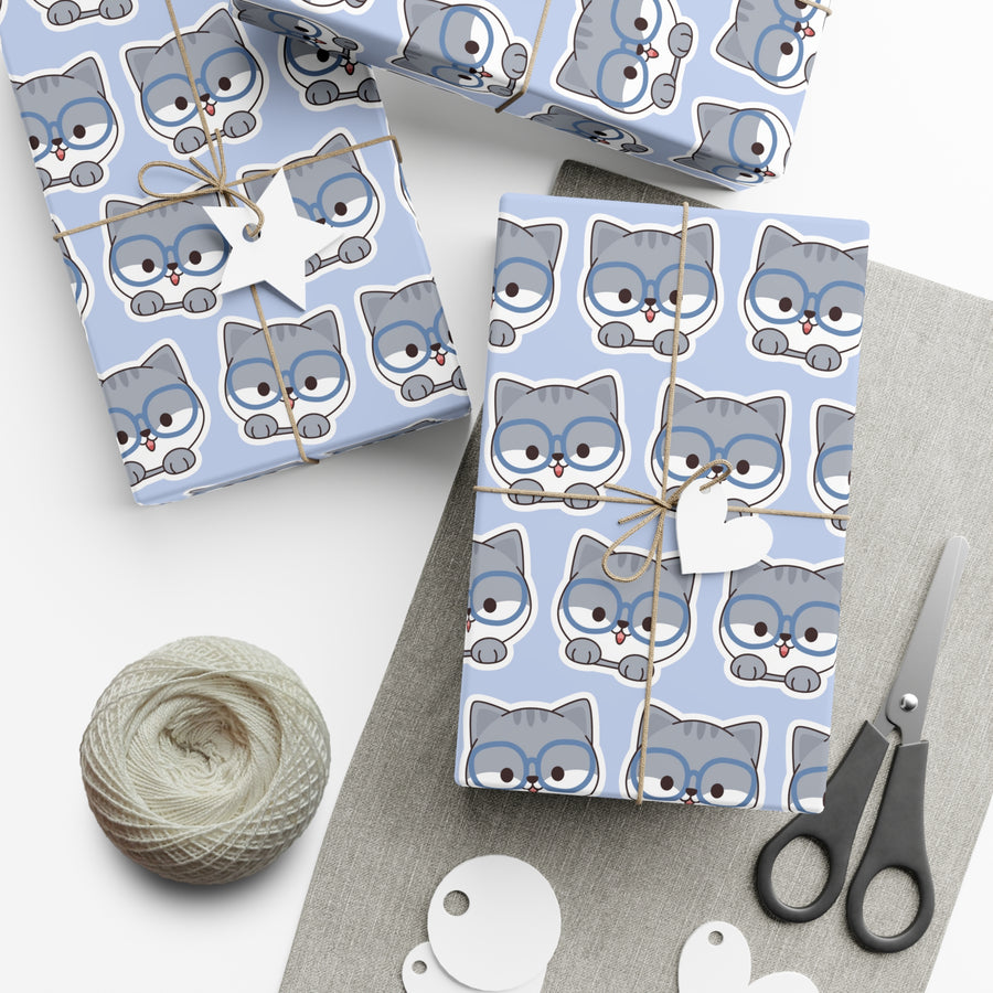 Blue Spectacle Kitty Gift Wrap - Happy Little Kitty