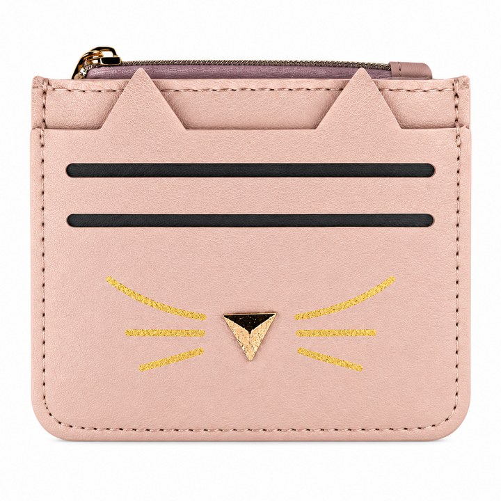A light pink faux-leather card holder wallet designed like a cat face, featuring pointed ears, black horizontal card slots, and gold glitter whiskers and nose detail, shown on a plain white background.