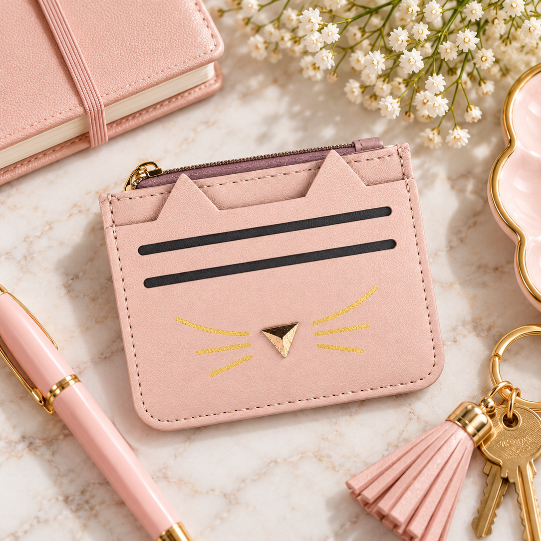 A pink faux-leather card holder wallet designed like a cat face, featuring gold whiskers, styled on a marble surface with a pink pen, notebook, and keys.