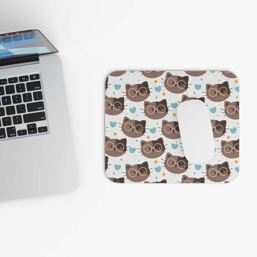 Brown Cat with Glasses Mouse Pad - Happy Little Kitty