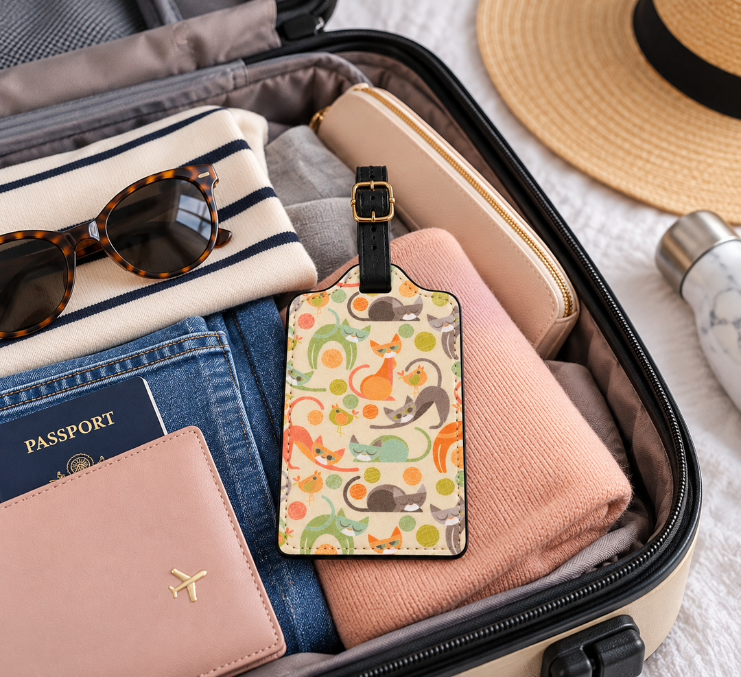 A travel luggage tag with a colorful cat pattern is shown inside an open suitcase alongside folded clothing, sunglasses, a passport, a wallet, and a straw hat.