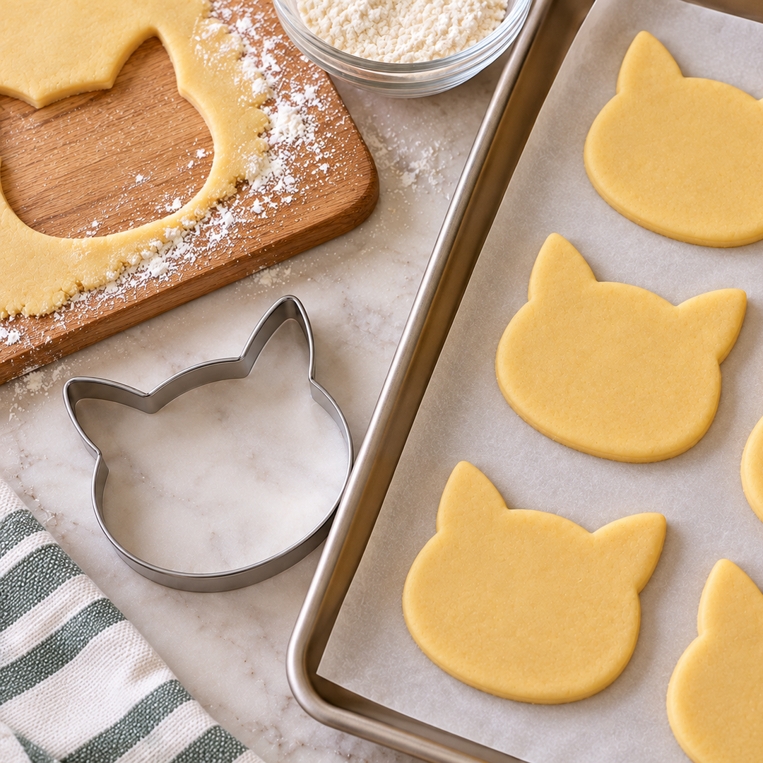 Cat-shaped cookie cutters and cutout cookies on a baking tray, with a metal cat-shaped cookie cutter and a wooden cutting board with flour-dusted dough in a kitchen setting.