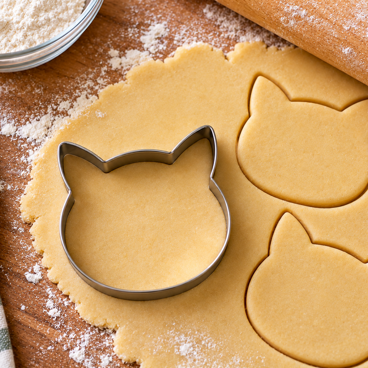 A metal cat-shaped cookie cutter resting on rolled-out dough on a wooden surface, with two cat-shaped cookie cutouts in the dough, a rolling pin, and a small bowl of flour nearby.
